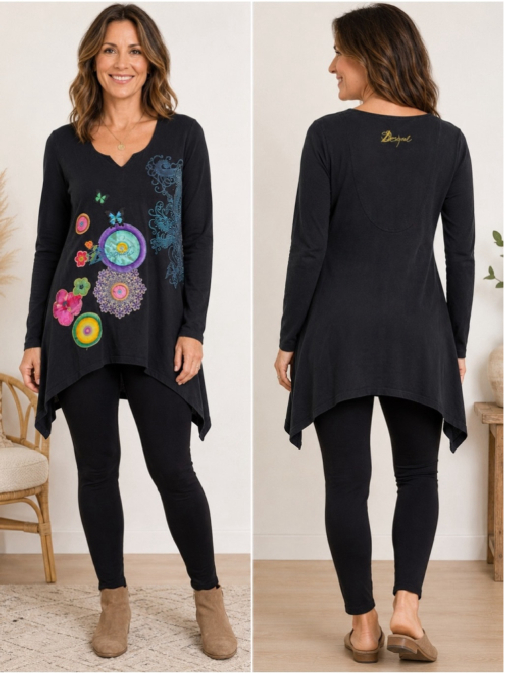 Desigual Black Long-Sleeve Asymmetric Tunic with Colorful Floral Motif Size S